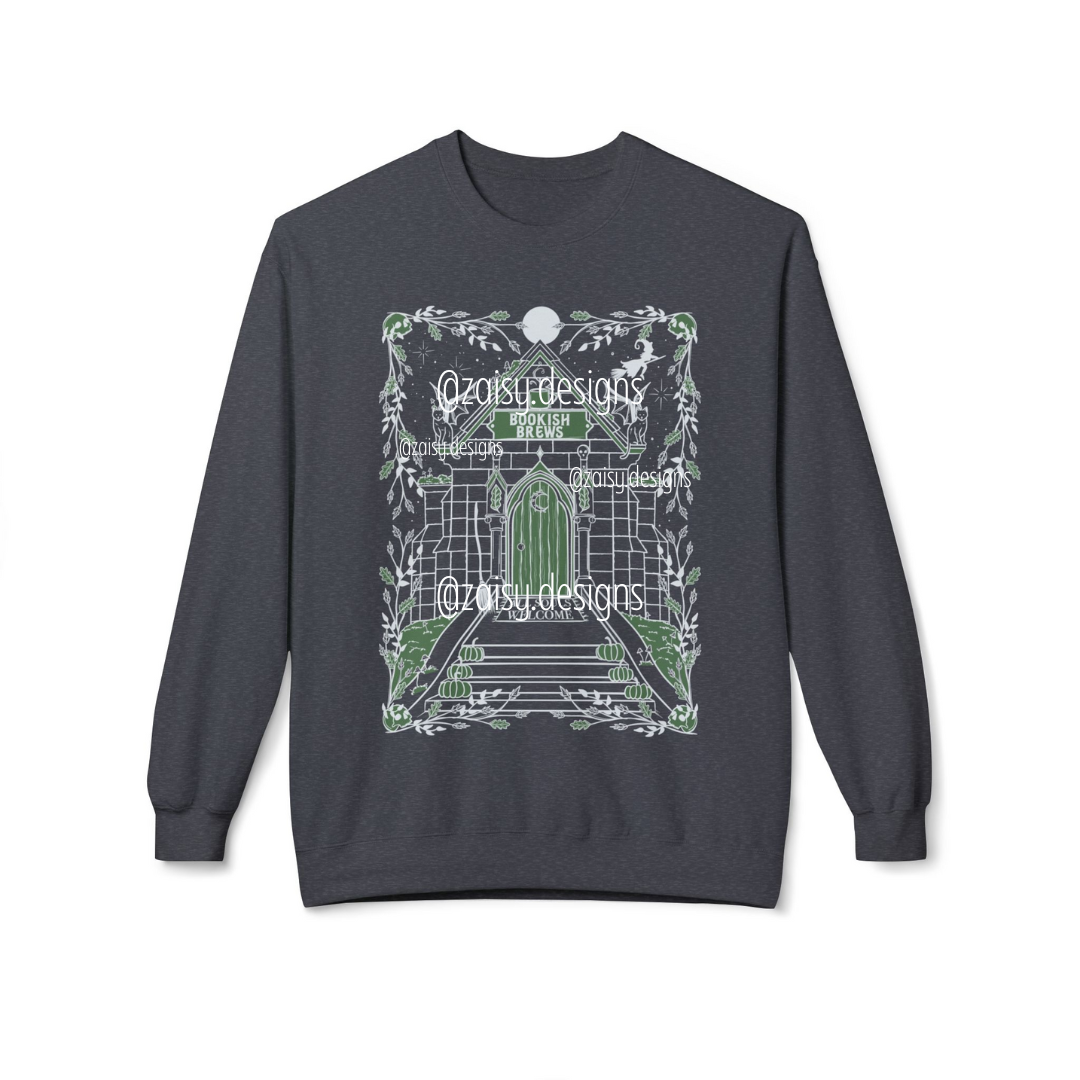 Bookish Brews Coffeehouse Sweatshirt for Book Lovers - Gildan brand - PLAIN SLEEVES