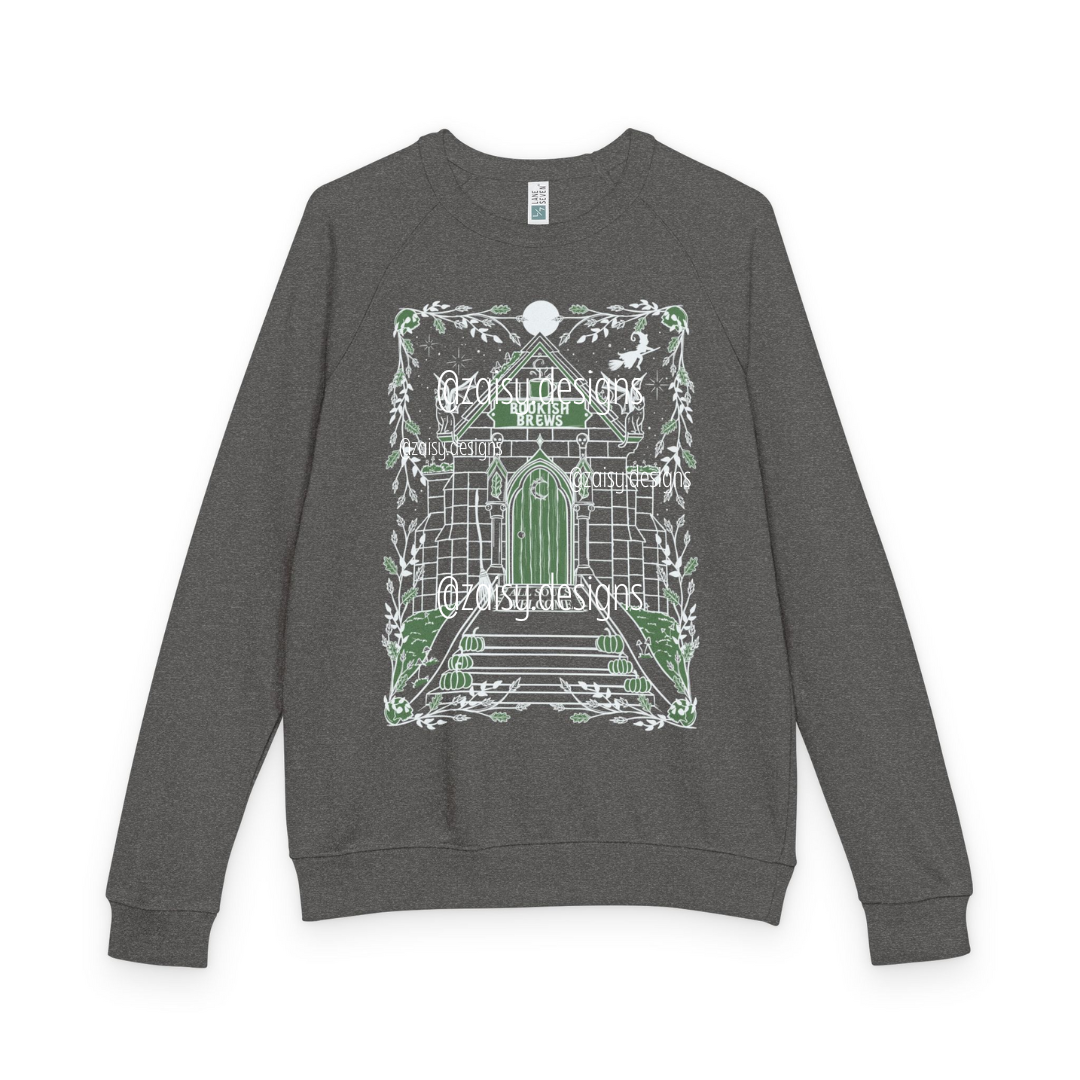 Bookish Brews Coffeehouse Sweatshirt for Book Lovers - French Terry Raglan - Lane Seven brand - PLAIN SLEEVES
