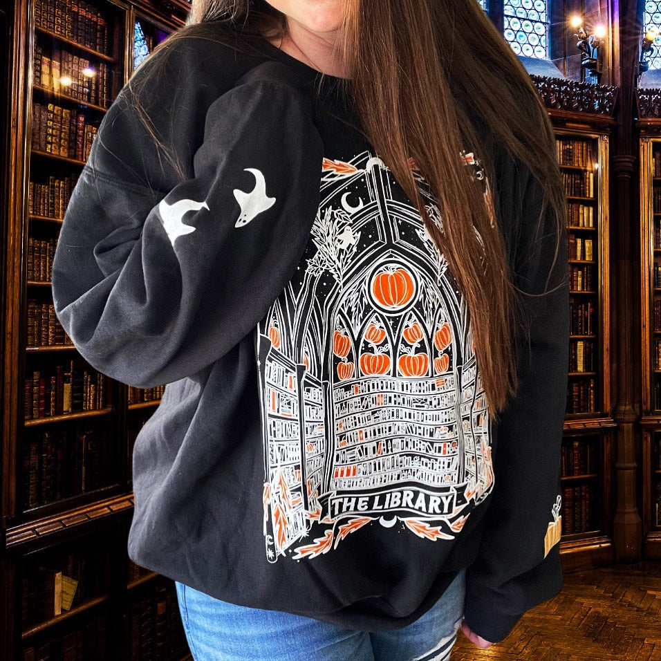 ULTIMATE Haunted Library Pumpkin Ghost Sweatshirt for Book Lovers - Lightweight Crewneck Sweatshirt - Comfort Colors brand - WITH SLEEVE DRAWINGS
