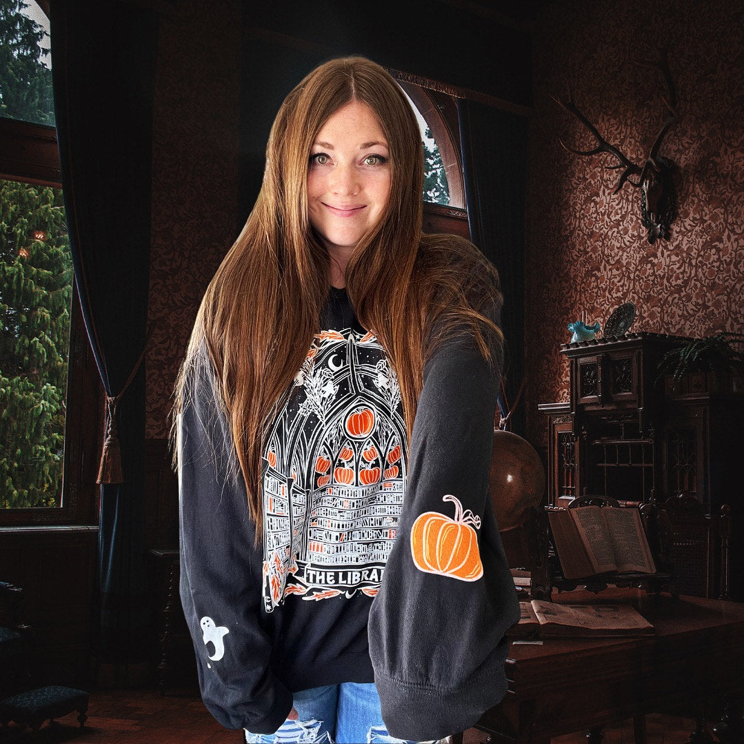 ULTIMATE Haunted Library Pumpkin Ghost Sweatshirt for Book Lovers - Lightweight Crewneck Sweatshirt - Comfort Colors brand - WITH SLEEVE DRAWINGS