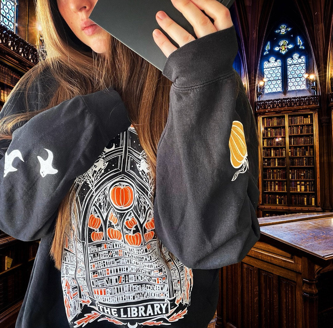 ULTIMATE Haunted Library Pumpkin Ghost Sweatshirt for Book Lovers - Lightweight Crewneck Sweatshirt - Comfort Colors brand - WITH SLEEVE DRAWINGS