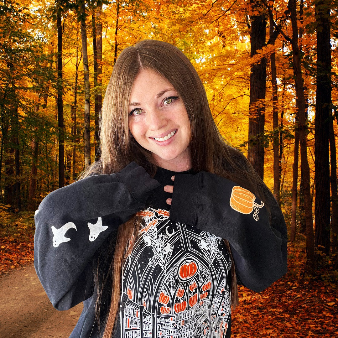 ULTIMATE Haunted Library Pumpkin Ghost Sweatshirt for Book Lovers - Lightweight Crewneck Sweatshirt - Comfort Colors brand - WITH SLEEVE DRAWINGS