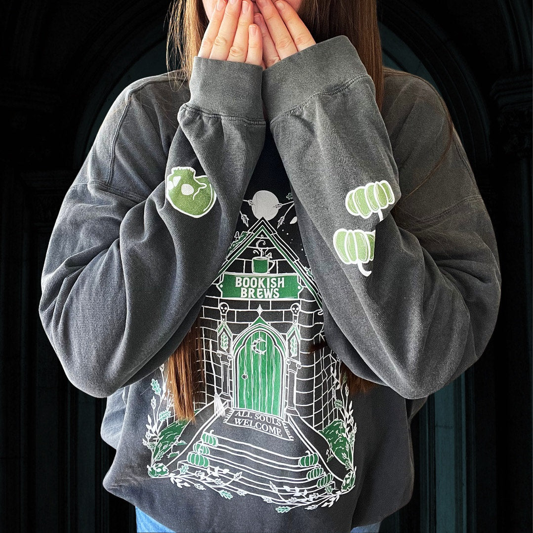 ULTIMATE - Bookish Brews Coffeehouse Sweatshirt for Book Lovers - Lightweight Crewneck Sweatshirt - Comfort Colors brand WITH DESIGNED SLEEVES