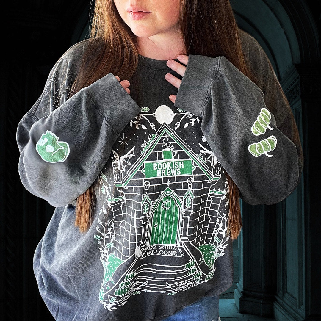 ULTIMATE - Bookish Brews Coffeehouse Sweatshirt for Book Lovers - Lightweight Crewneck Sweatshirt - Comfort Colors brand WITH DESIGNED SLEEVES