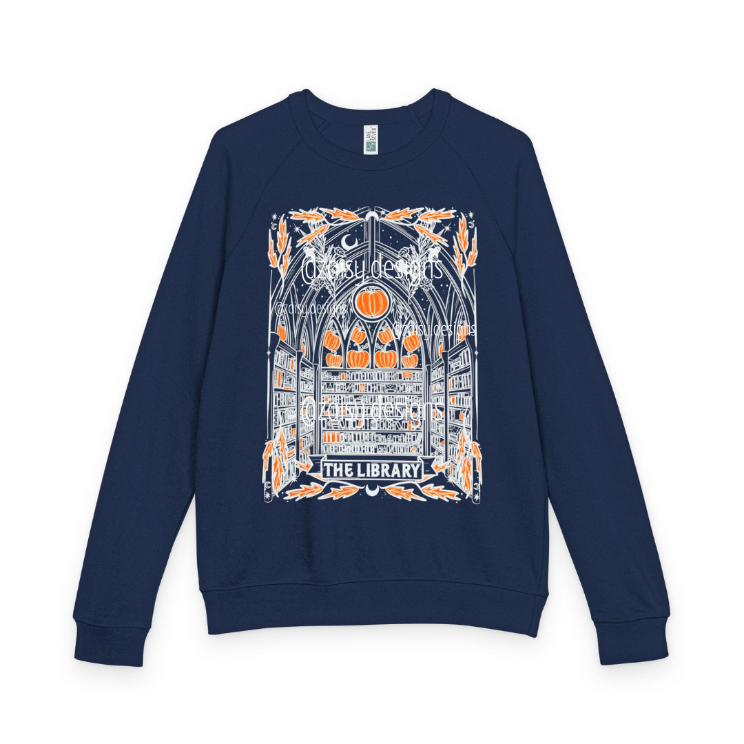 Haunted Library Pumpkin Ghost Sweatshirt for Book Lovers - French Terry Raglan - Lane Seven brand - PLAIN SLEEVES