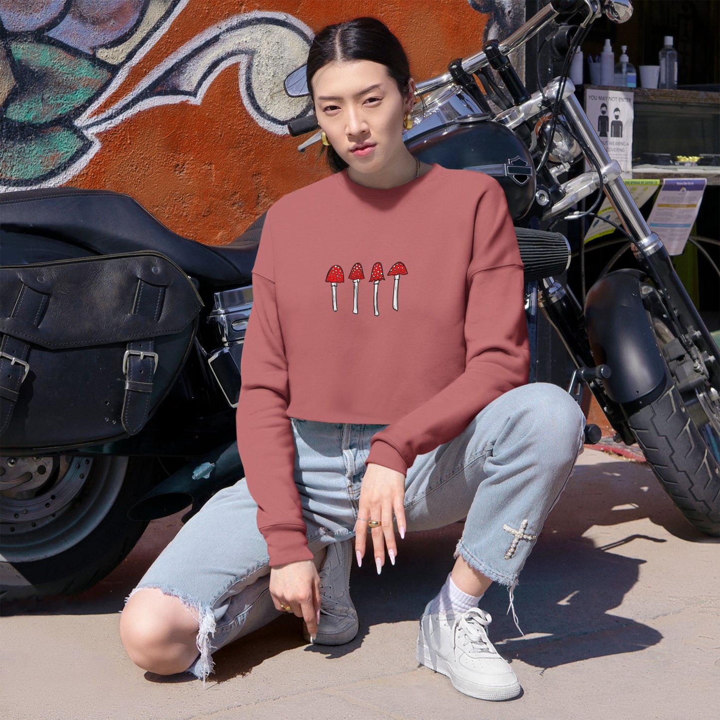 Red Mushroom Crop Top Sweatshirt