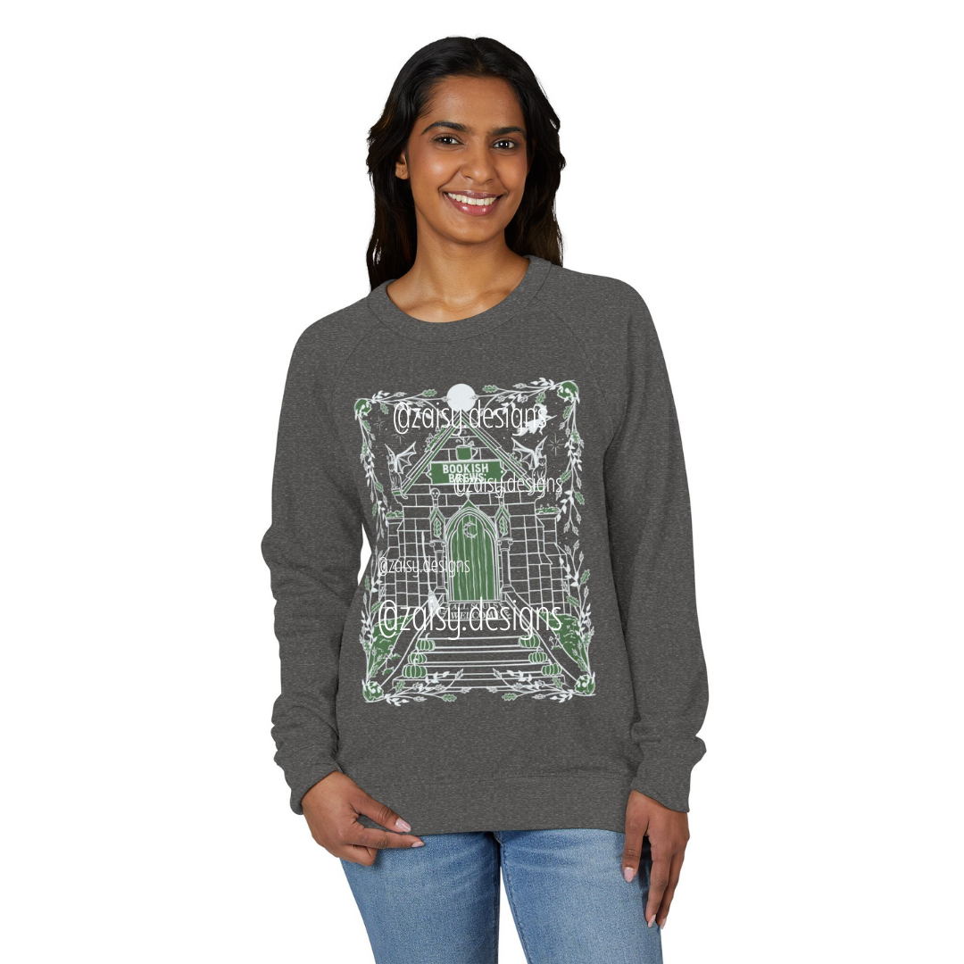 Bookish Brews Coffeehouse Sweatshirt for Book Lovers - French Terry Raglan - Lane Seven brand - PLAIN SLEEVES