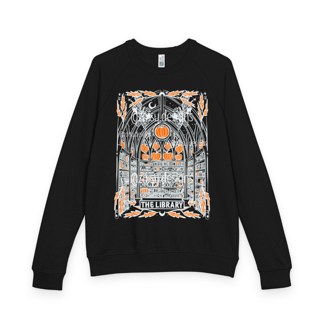 Haunted Library Pumpkin Ghost Sweatshirt for Book Lovers - French Terry Raglan - Lane Seven brand - PLAIN SLEEVES