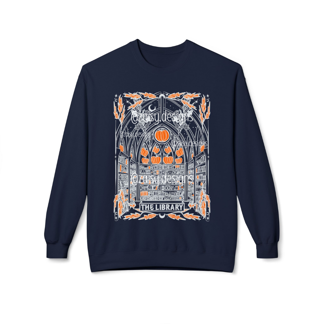 Haunted Library Pumpkin Ghost Sweatshirt for Book Lovers - Gildan brand - PLAIN SLEEVES