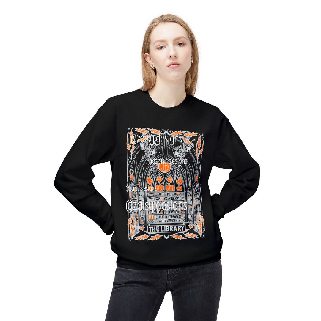 Haunted Library Pumpkin Ghost Sweatshirt for Book Lovers - Gildan brand - PLAIN SLEEVES