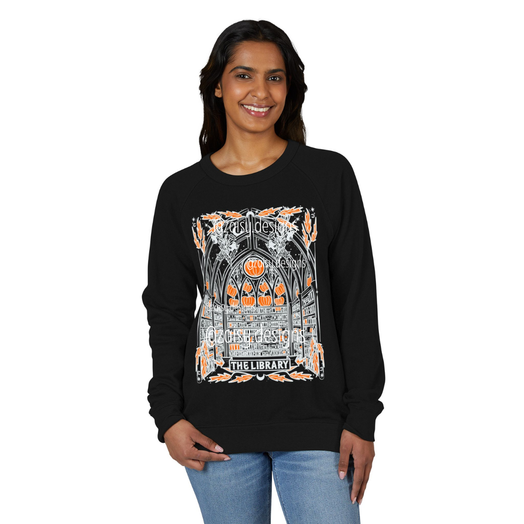 Haunted Library Pumpkin Ghost Sweatshirt for Book Lovers - French Terry Raglan - Lane Seven brand - PLAIN SLEEVES