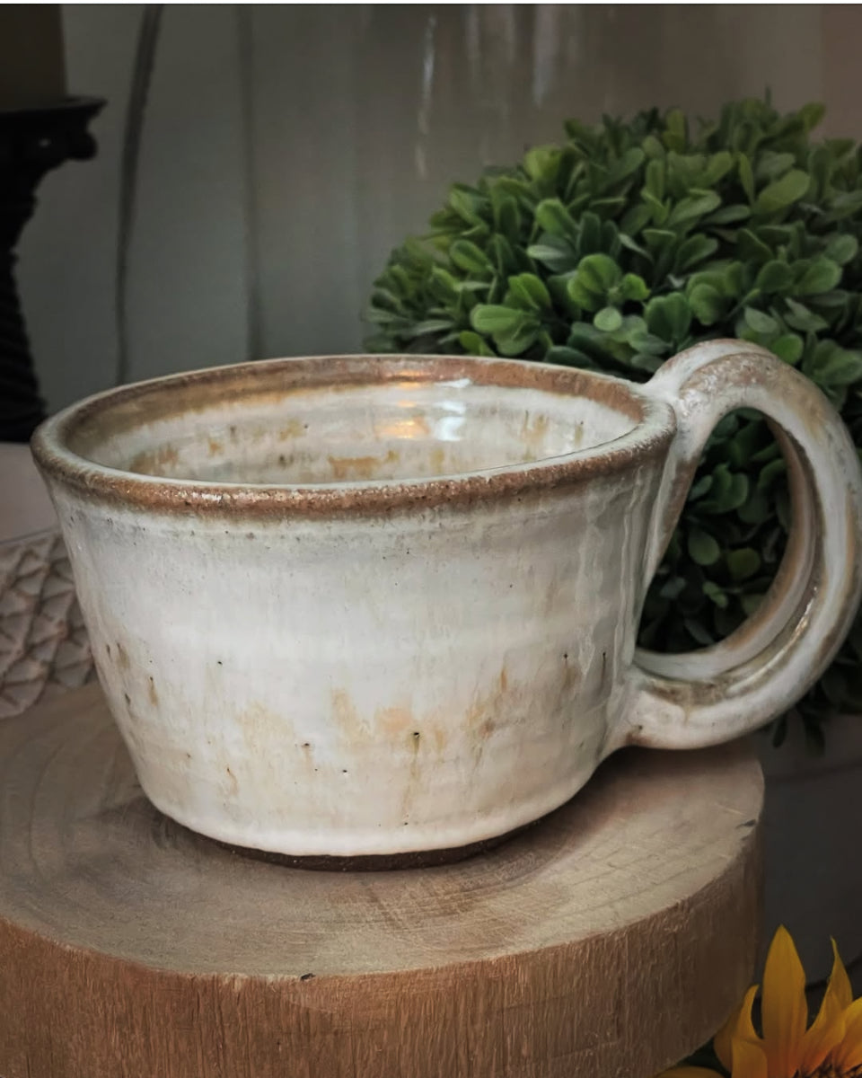 black mountain clay ceramic mug with white glaze and swirl bottom