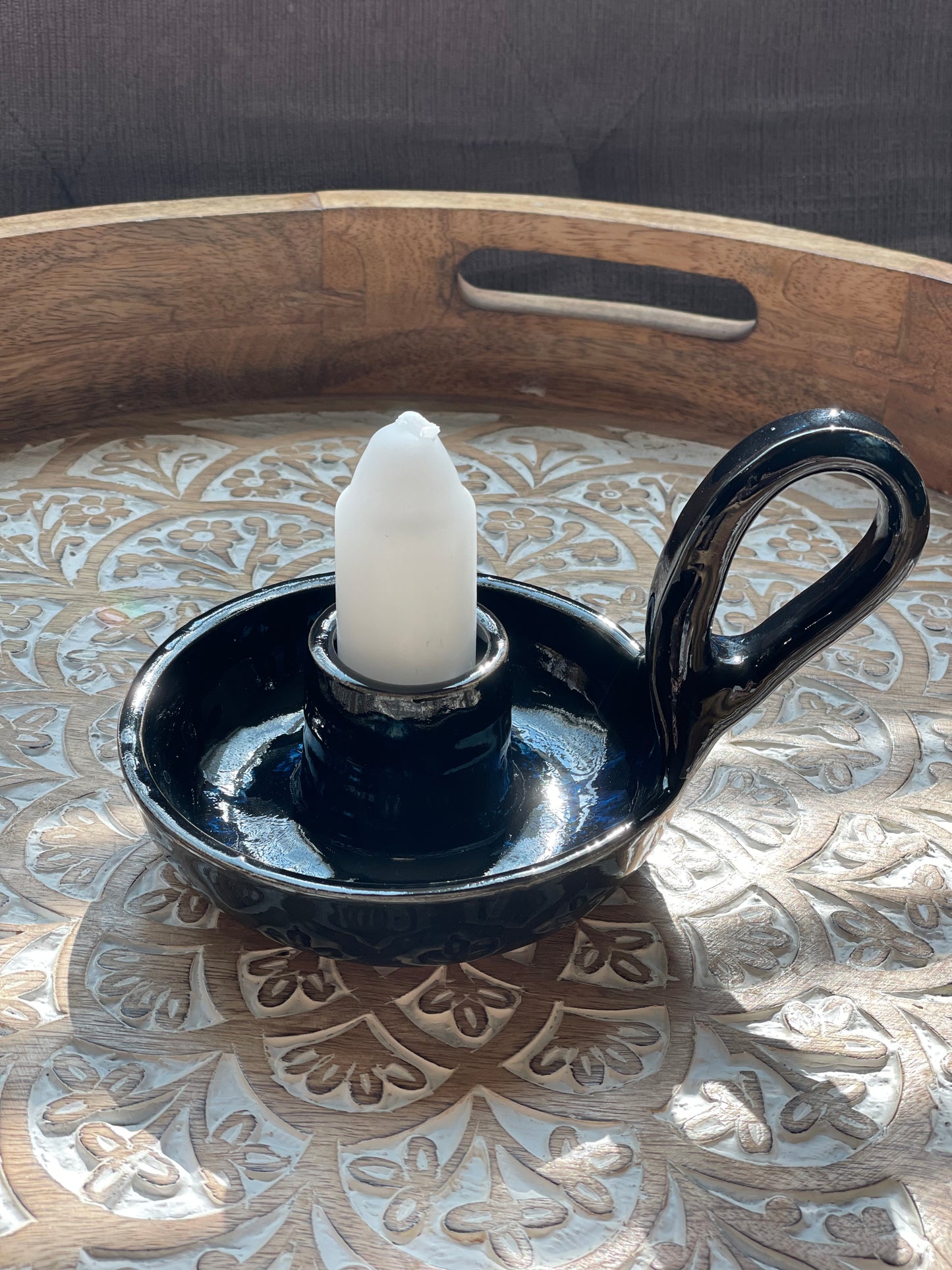 Handcrafted Obsidian Black Pottery Candlestick Holder - Ceramic Home Decor - Holder only, no candlesticks included