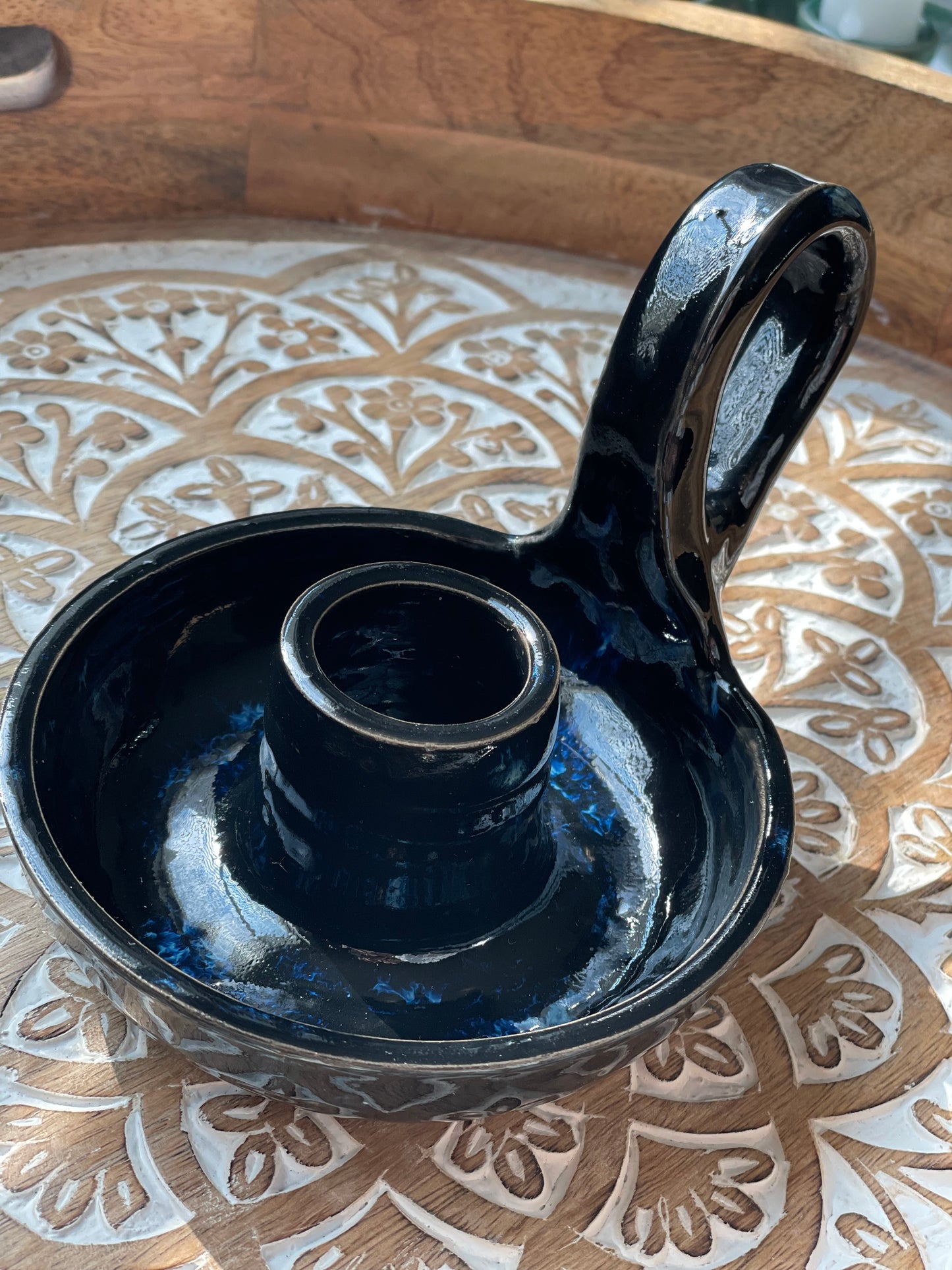 Handcrafted Obsidian Black Pottery Candlestick Holder - Ceramic Home Decor - Holder only, no candlesticks included