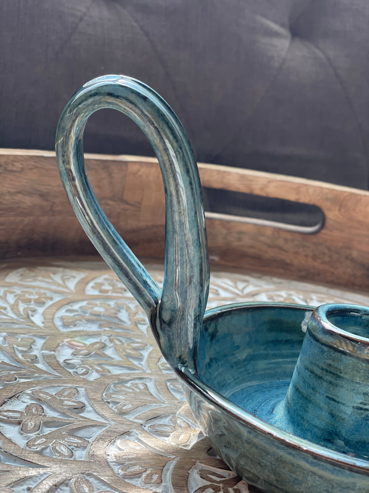 Handcrafted Blue Pottery Candlestick Holder - Ceramic Home Decor - Holder only, no candlesticks included