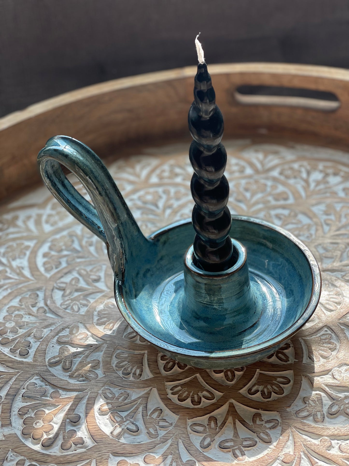 Handcrafted Blue Pottery Candlestick Holder - Ceramic Home Decor - Holder only, no candlesticks included