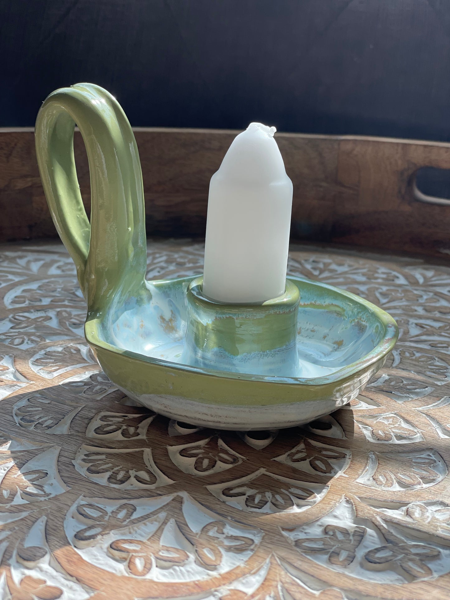 Handcrafted Bright Green Drip Square Pottery Candlestick Holder - Ceramic Home Decor - Holder only, no candlesticks included