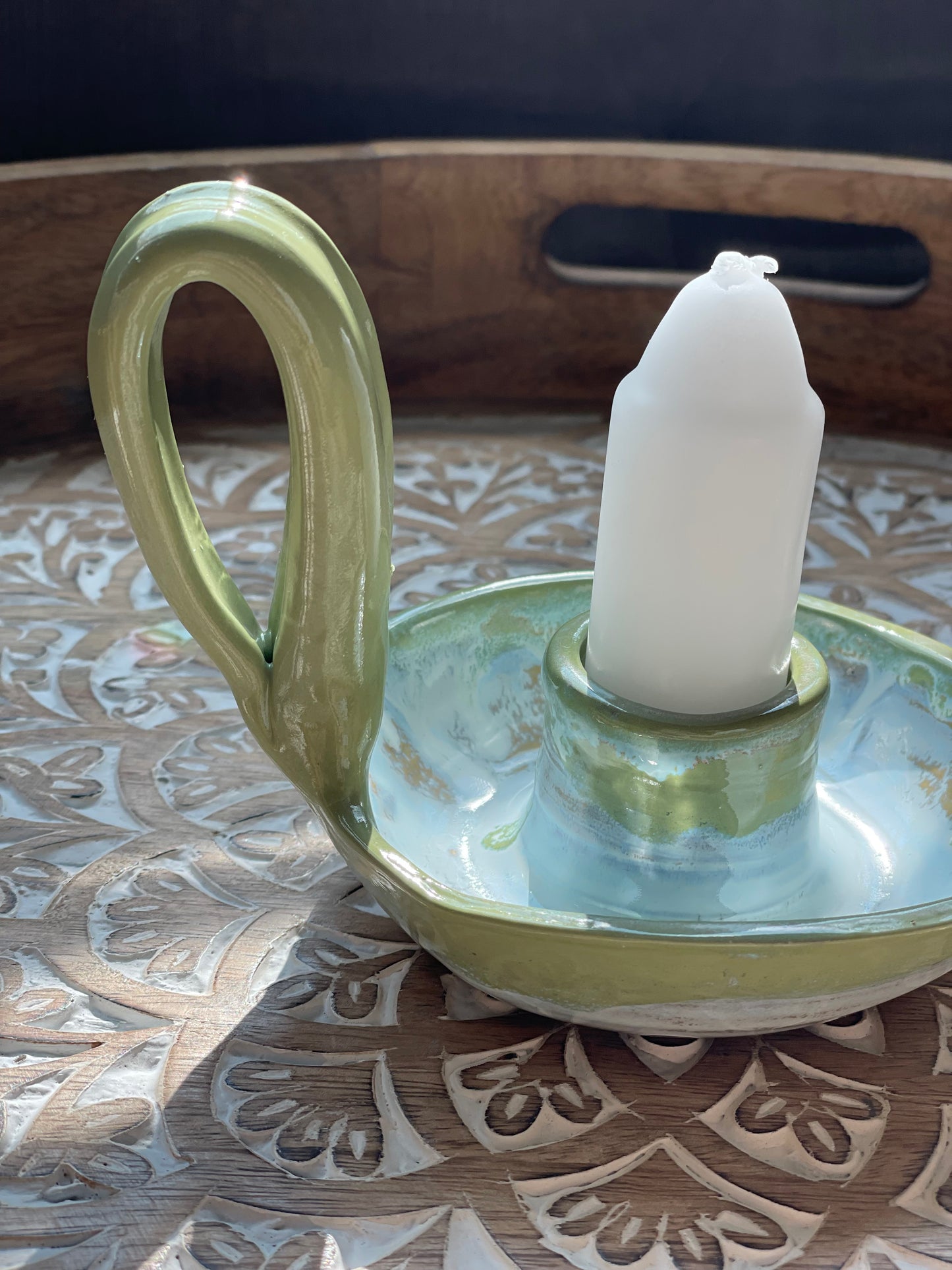 Handcrafted Bright Green Drip Square Pottery Candlestick Holder - Ceramic Home Decor - Holder only, no candlesticks included