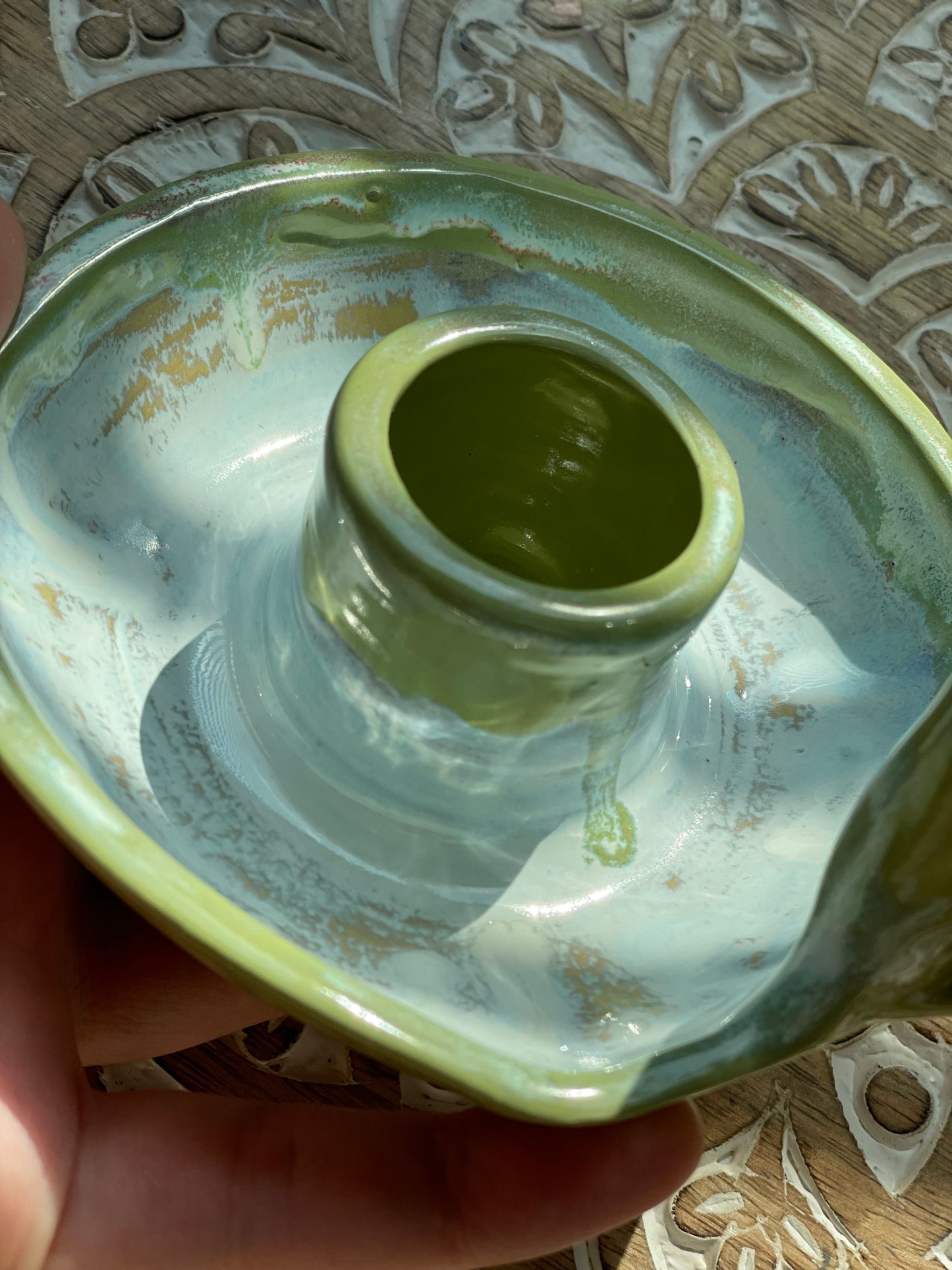Handcrafted Bright Green Drip Square Pottery Candlestick Holder - Ceramic Home Decor - Holder only, no candlesticks included