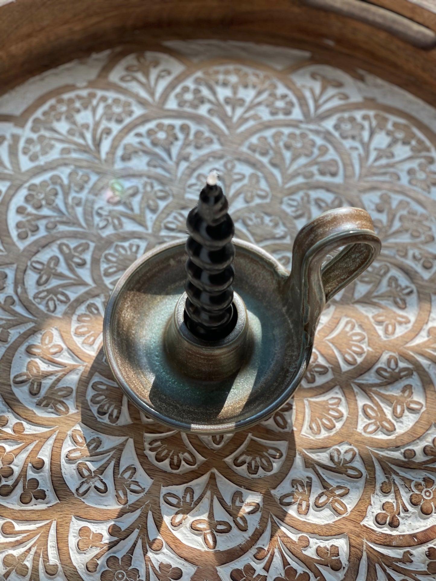Handcrafted Green and Brown Glitter Pottery Candlestick Holder - Ceramic Home Decor - Holder only, no candlesticks included
