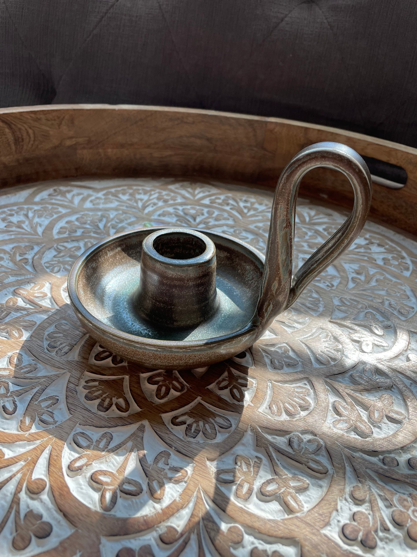 Handcrafted Green and Brown Glitter Pottery Candlestick Holder - Ceramic Home Decor - Holder only, no candlesticks included