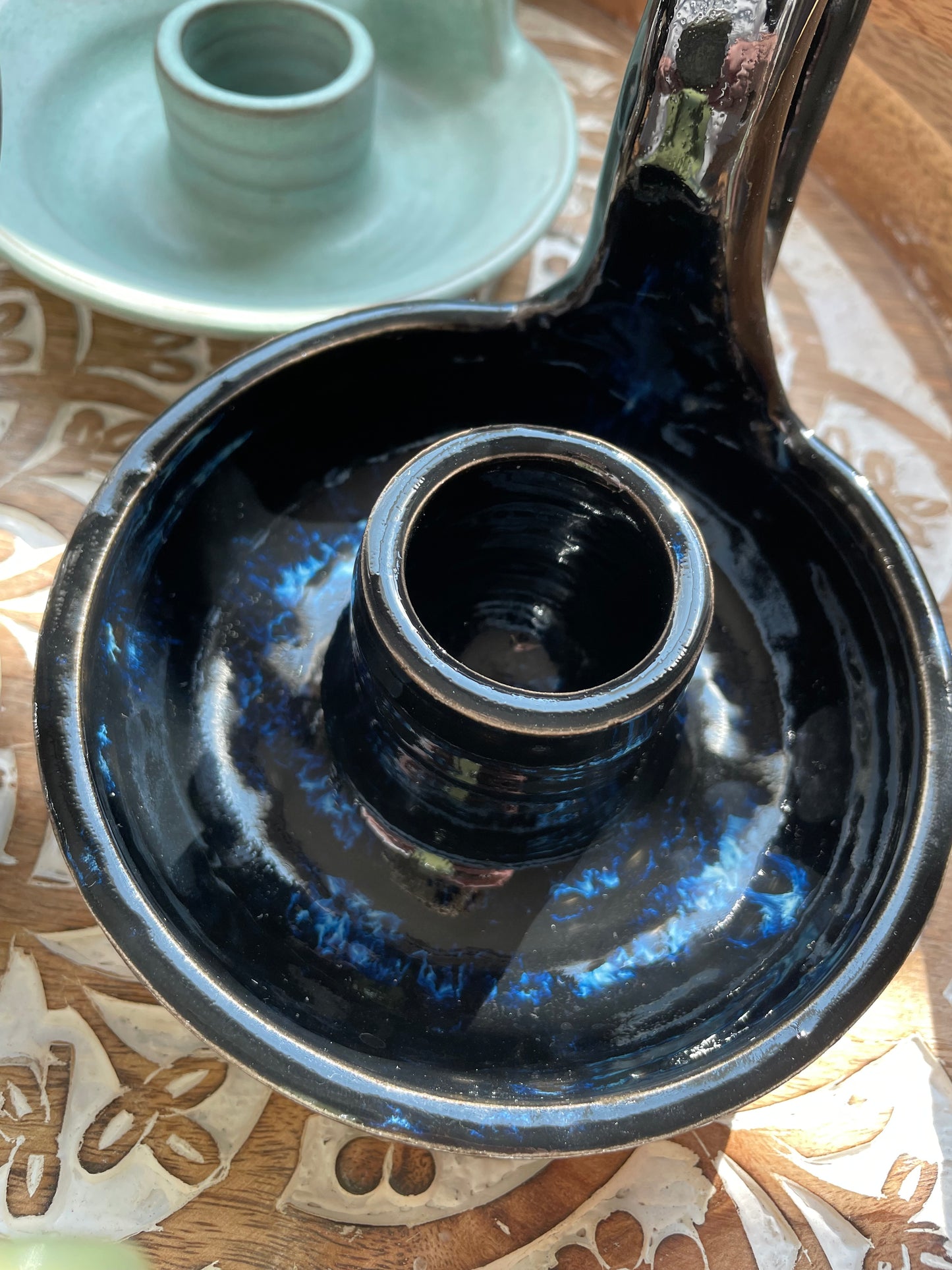Handcrafted Obsidian Black Pottery Candlestick Holder - Ceramic Home Decor - Holder only, no candlesticks included