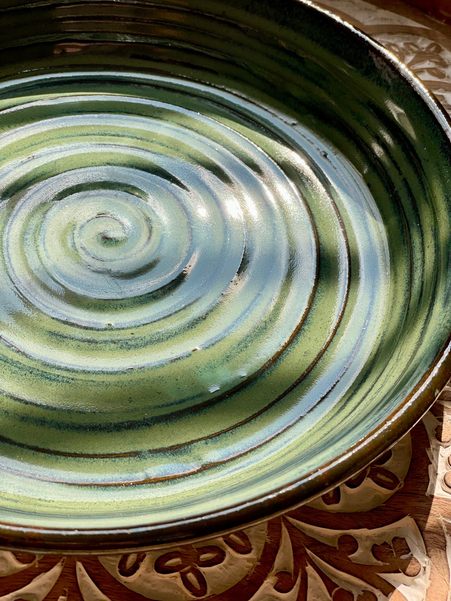 Large Fruit or Salad Shallow Serving Bowl, Moss Green, Handmade Stoneware Swirl Dish
