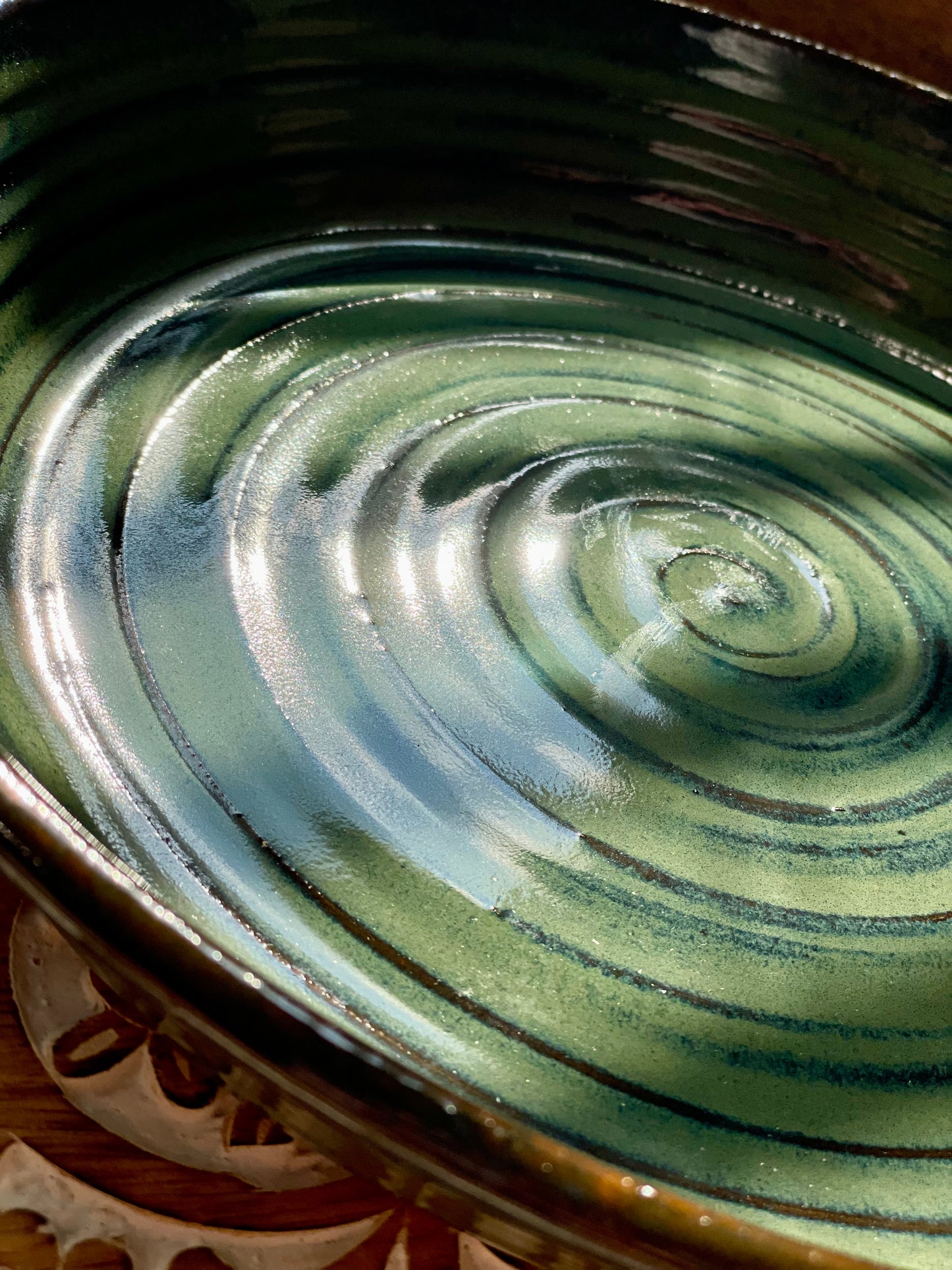 Large Fruit or Salad Shallow Serving Bowl, Moss Green, Handmade Stoneware Swirl Dish