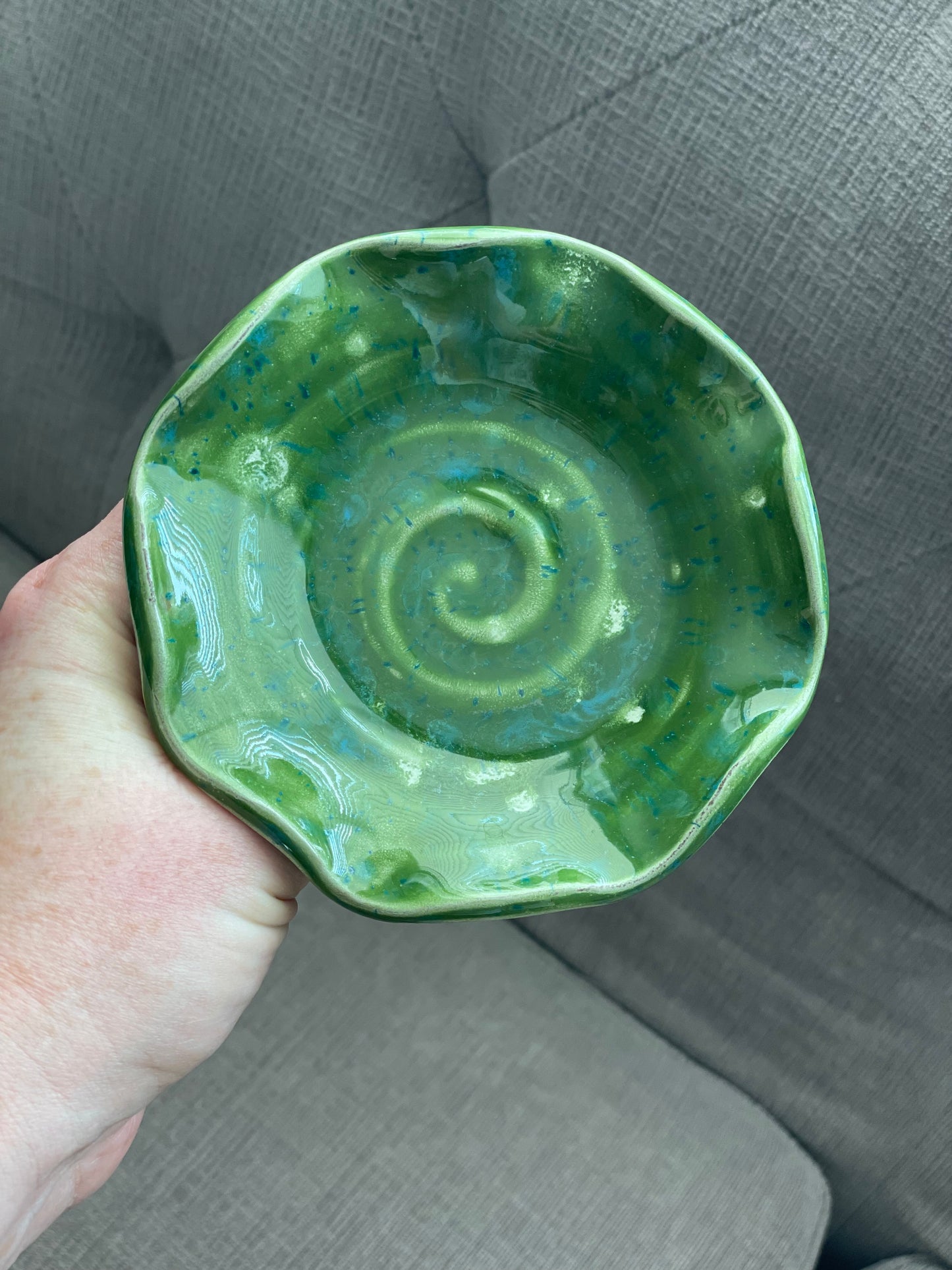 Handcrafted Stoneware Cupcake Pedestal, Green and Blue Speck