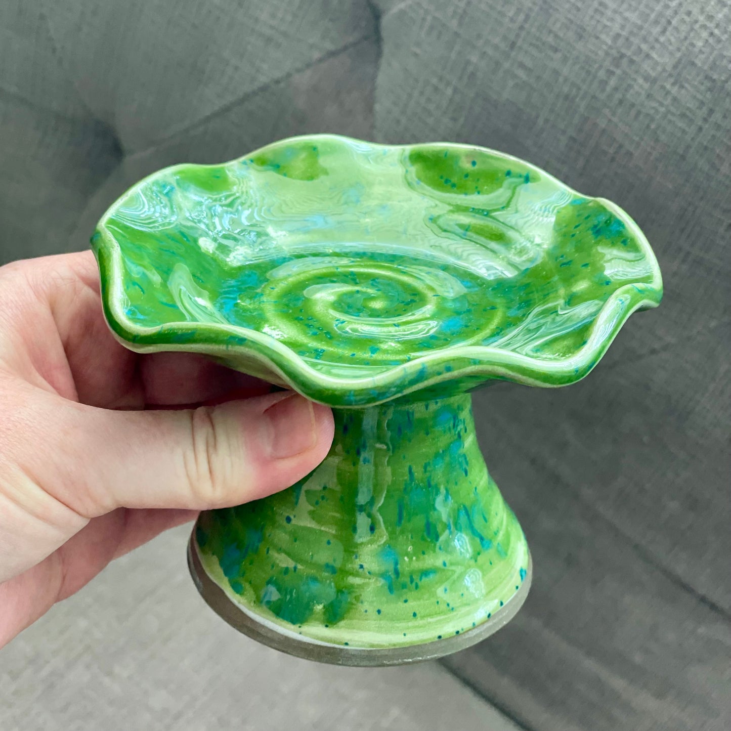 Handcrafted Stoneware Cupcake Pedestal, Green and Blue Speck