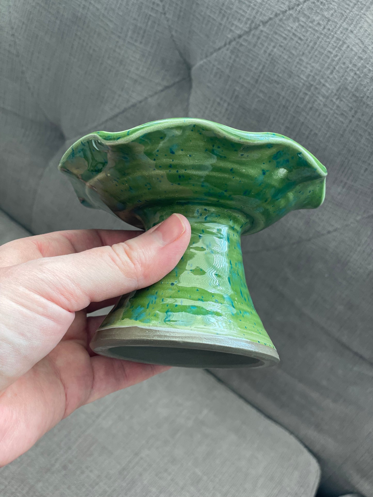 Handcrafted Stoneware Cupcake Pedestal, Green and Blue Speck