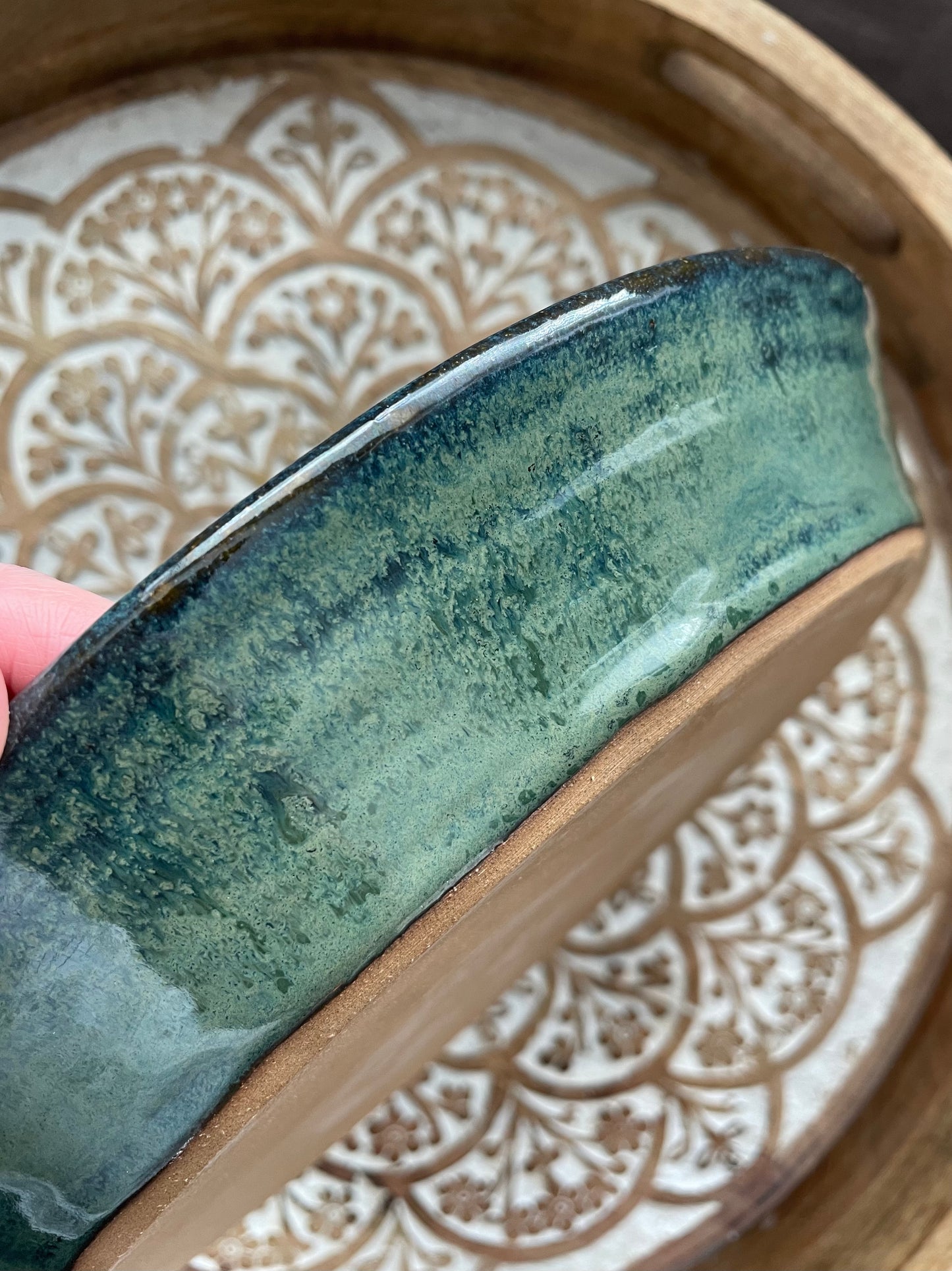 Large Fruit or Salad Shallow Serving Bowl, Moss Green, Handmade Stoneware Swirl Dish