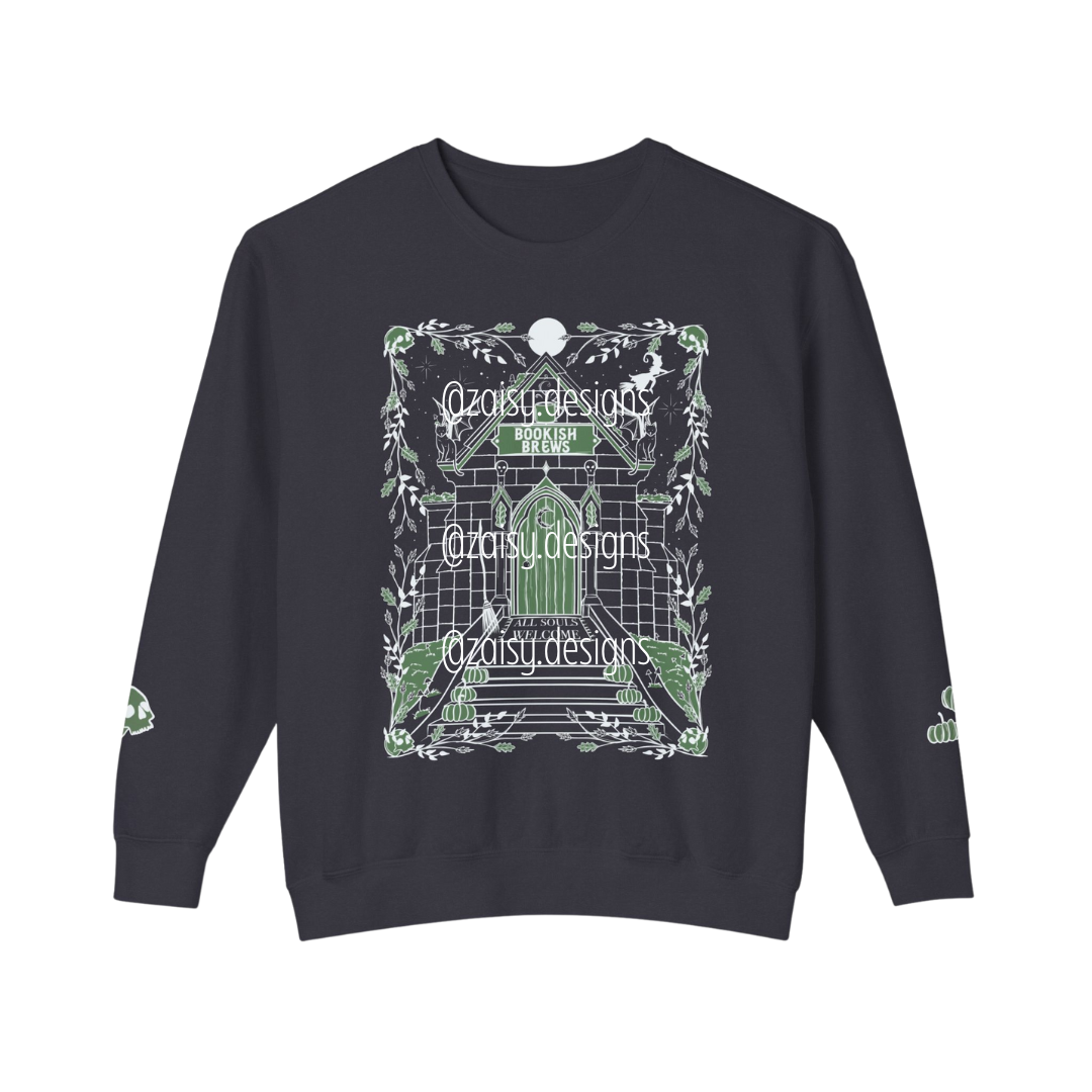 ULTIMATE - Bookish Brews Coffeehouse Sweatshirt for Book Lovers - Lightweight Crewneck Sweatshirt - Comfort Colors brand WITH DESIGNED SLEEVES