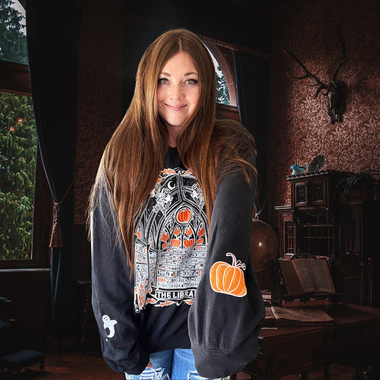 ULTIMATE Haunted Library Pumpkin Ghost Sweatshirt for Book Lovers - Lightweight Crewneck Sweatshirt - Comfort Colors brand - WITH SLEEVE DRAWINGS