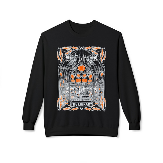Haunted Library Pumpkin Ghost Sweatshirt for Book Lovers - Gildan brand - PLAIN SLEEVES