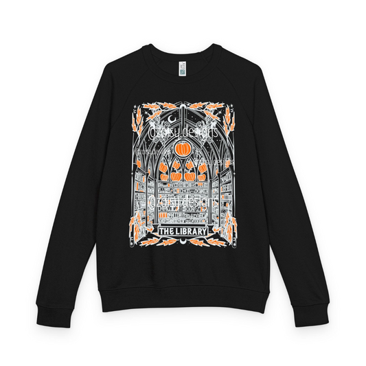 Haunted Library Pumpkin Ghost Sweatshirt for Book Lovers - French Terry Raglan - Lane Seven brand - PLAIN SLEEVES