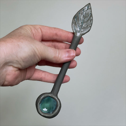 Green Leaf Spoon, Cottagecore Home Decor, Ceramic, Handmade Stoneware