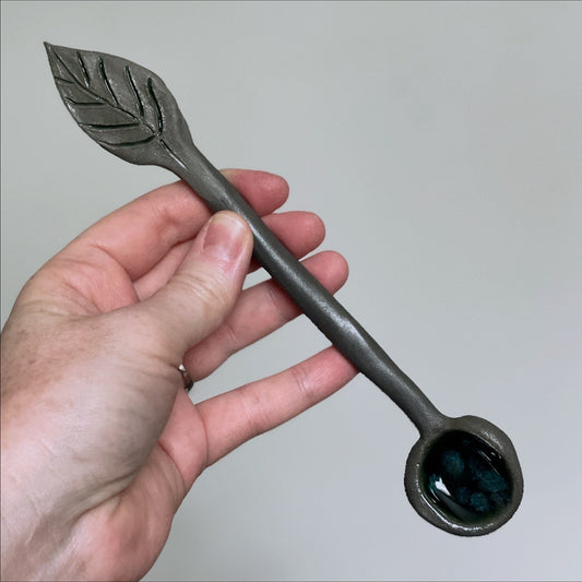 Green Leaf Spoon, Cottagecore Home Decor, Ceramic, Handmade Stoneware