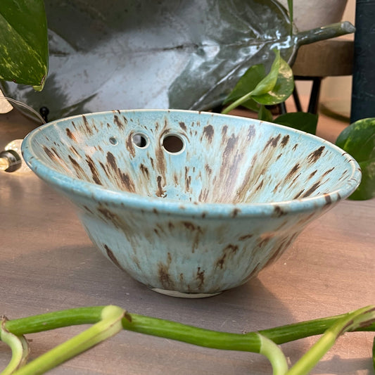 Handmade Herb Stripper Bowl – With Garlic Grater & 3 Hole Sizes, Blue and Brown