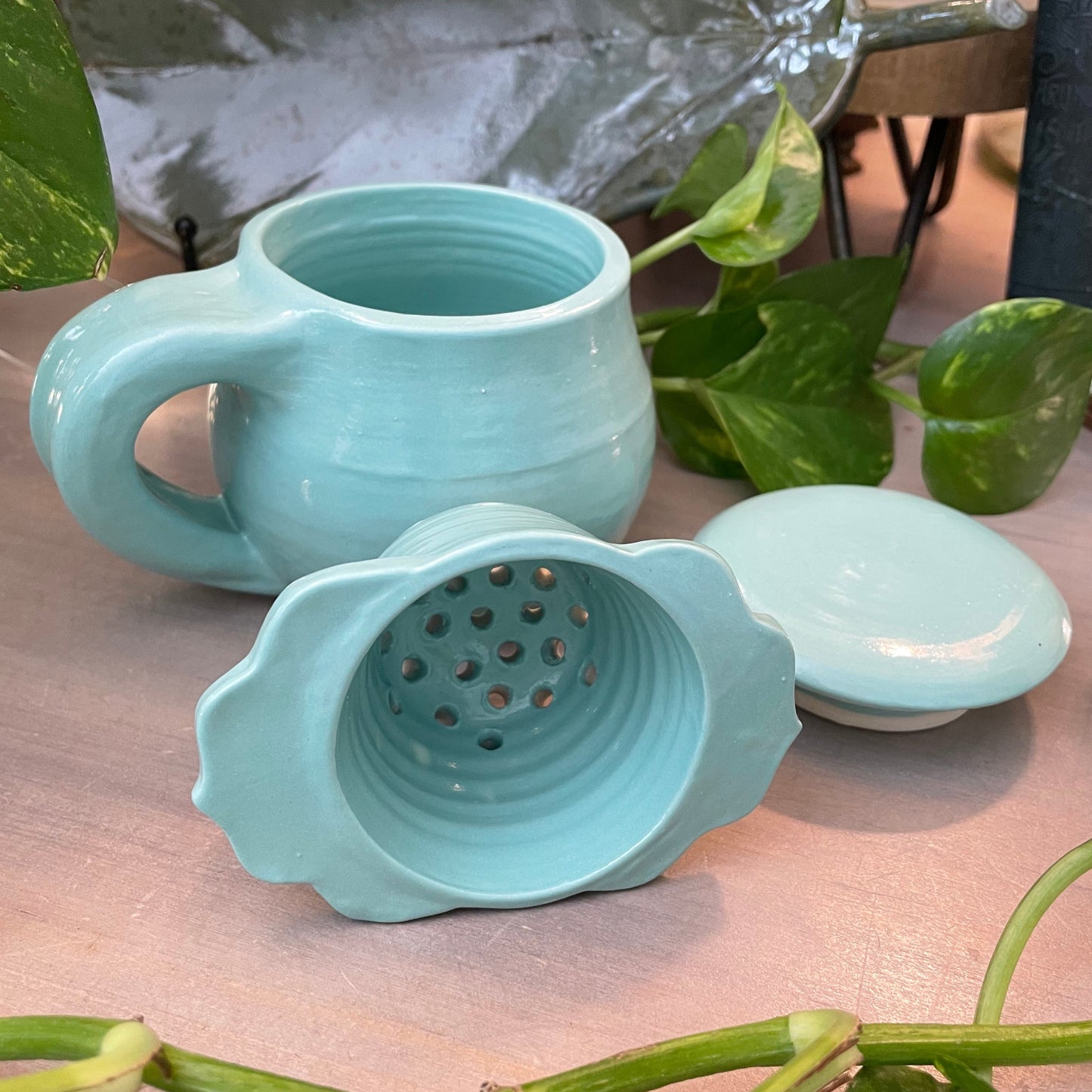 Aqua Teacup Set with Ceramic Tea Strainer and Lid