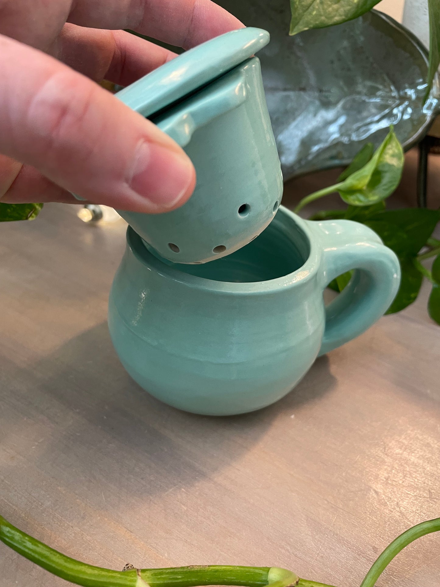 Aqua Teacup Set with Ceramic Tea Strainer and Lid