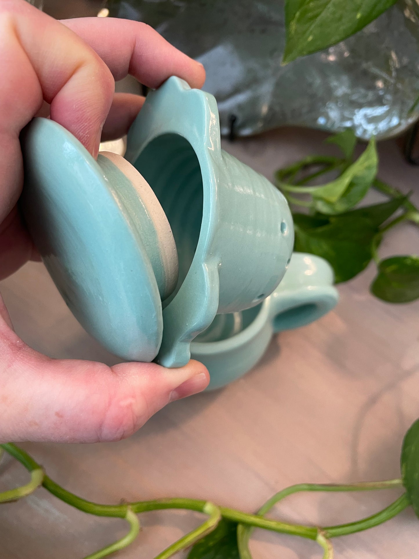 Aqua Teacup Set with Ceramic Tea Strainer and Lid