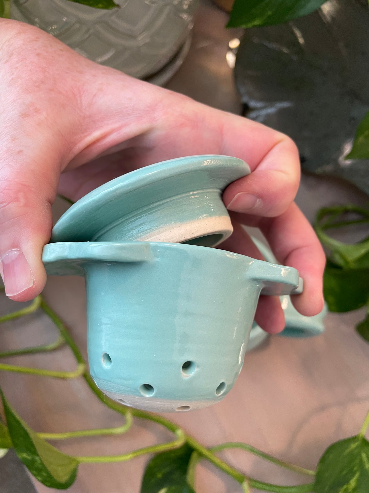 Aqua Teacup Set with Ceramic Tea Strainer and Lid