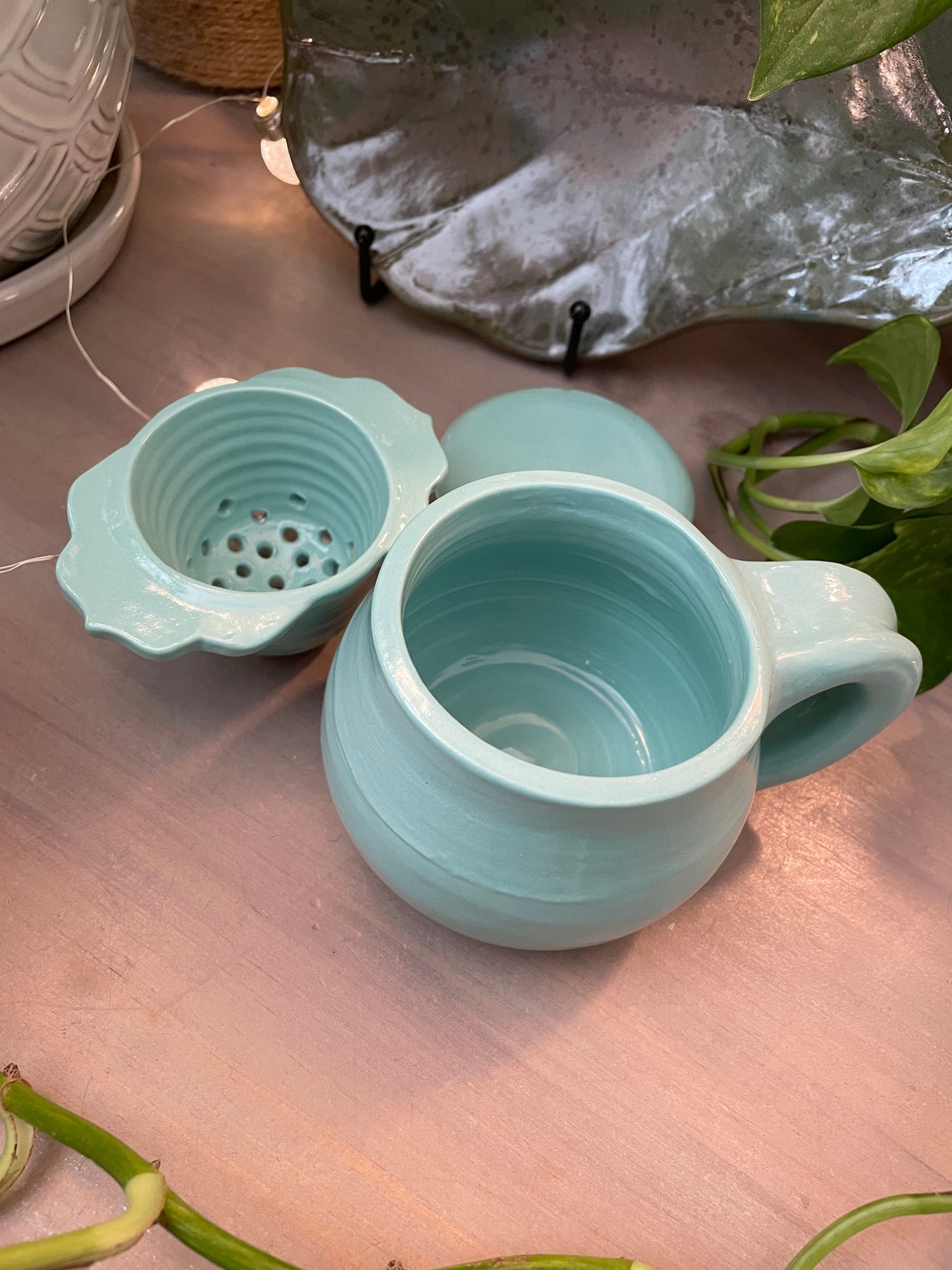 Aqua Teacup Set with Ceramic Tea Strainer and Lid