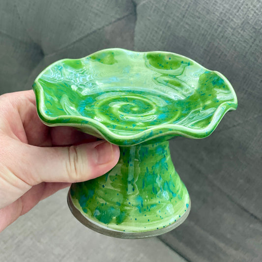 Handcrafted Stoneware Cupcake Pedestal, Green and Blue Speck