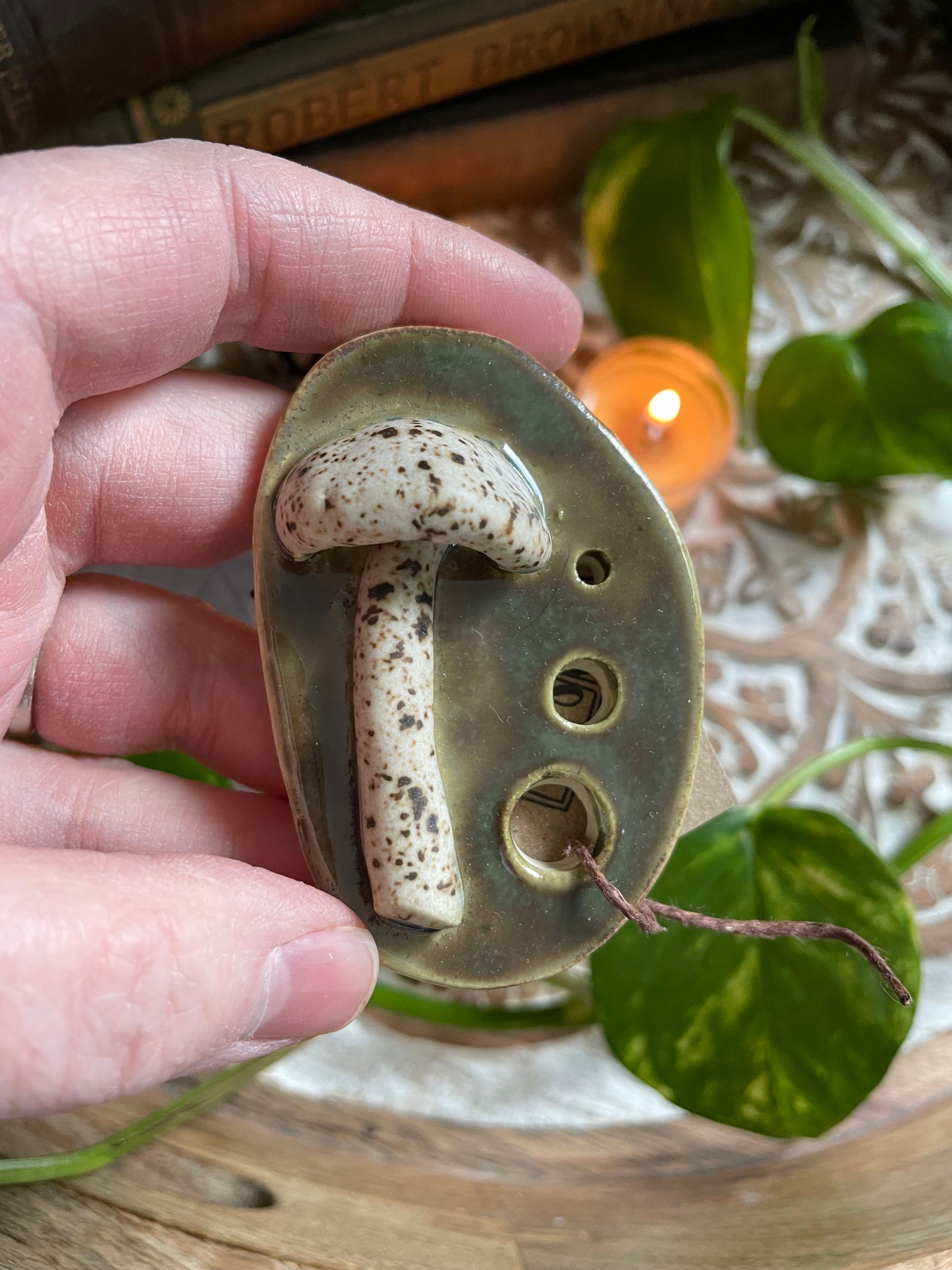 Close-up of decorative mushrooms on green glazed ceramic herb stripper