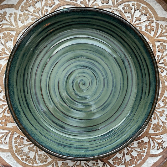 moss green swirl handmade ceramic serving dish shallow bowl