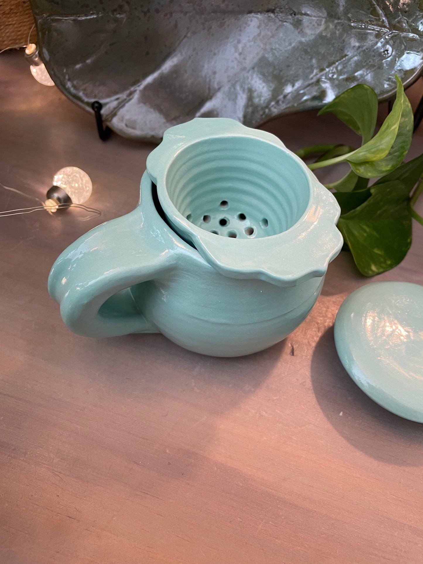 handmade aqua teacup tea strainer with lid