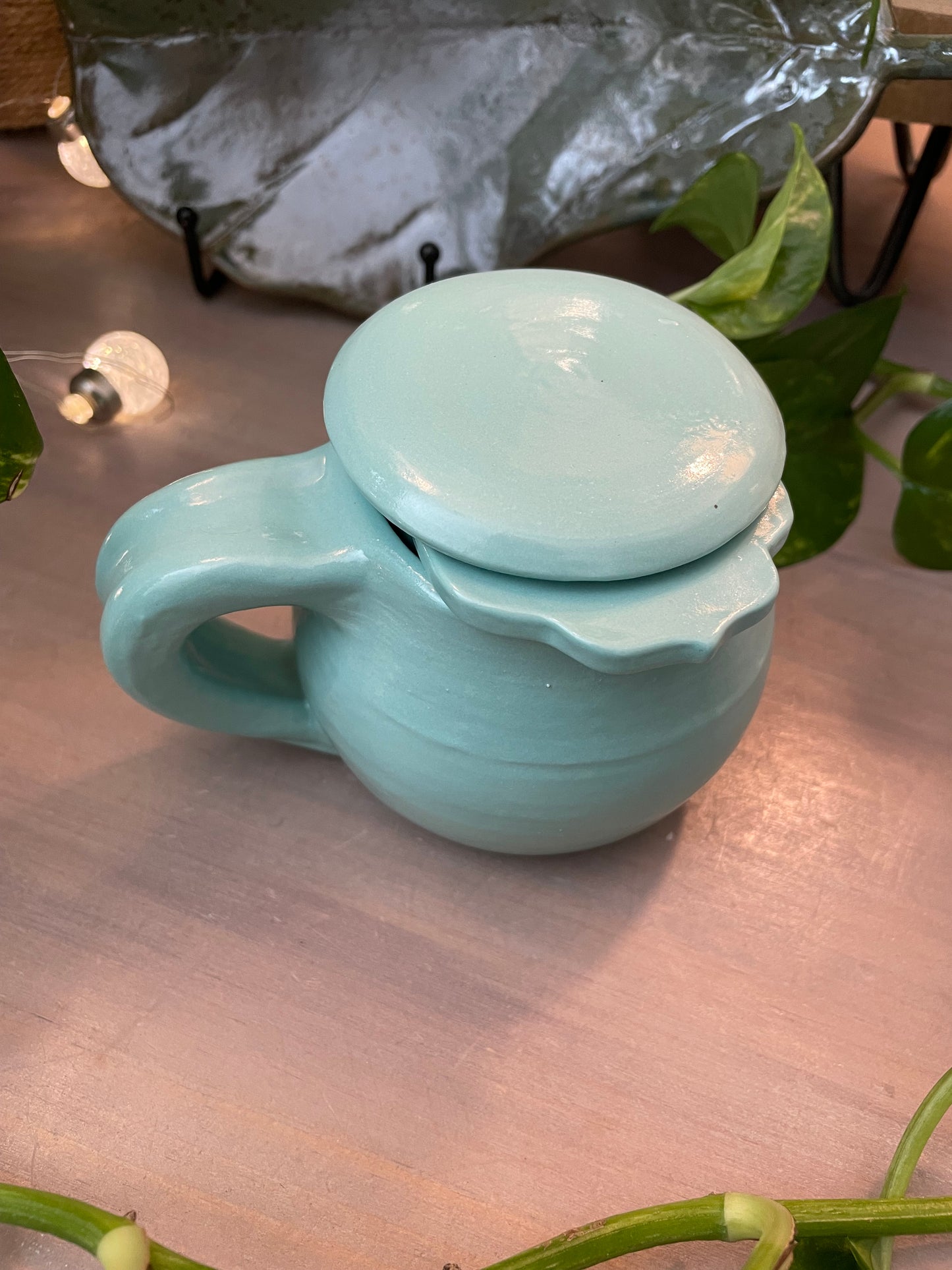 handmade aqua teacup set with matching strainer